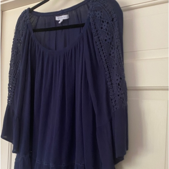 Bohemian Cotton Blouse Navy Blue Ruffle Hem Open Round Neck - Picture 3 of 8